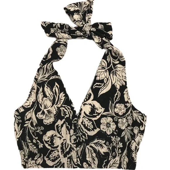 Zara Black & Ivory Halter Floral Crop Top - Picture 1 of 6